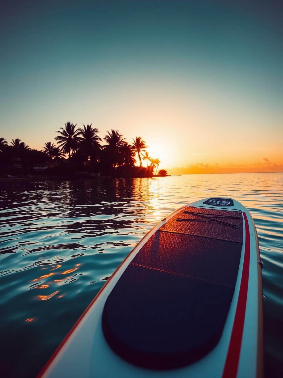 Paddleboard drifting on calm coastal water at sunset